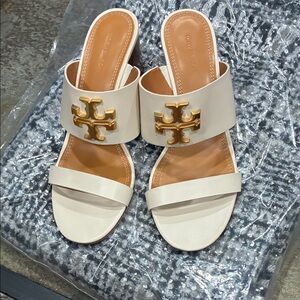 Tory Burch Ivory and Gold Slide Sandals